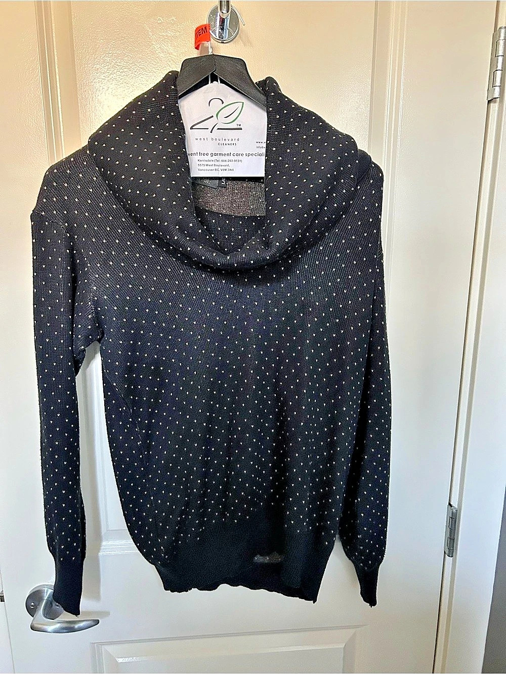 Made in Canada - Dark Navy Cowl Neck Polka Dot Sweater with gold buttons. Size L